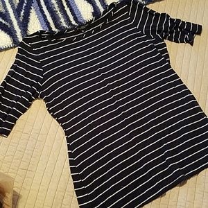 Green envelope tee. Black w cream stripes